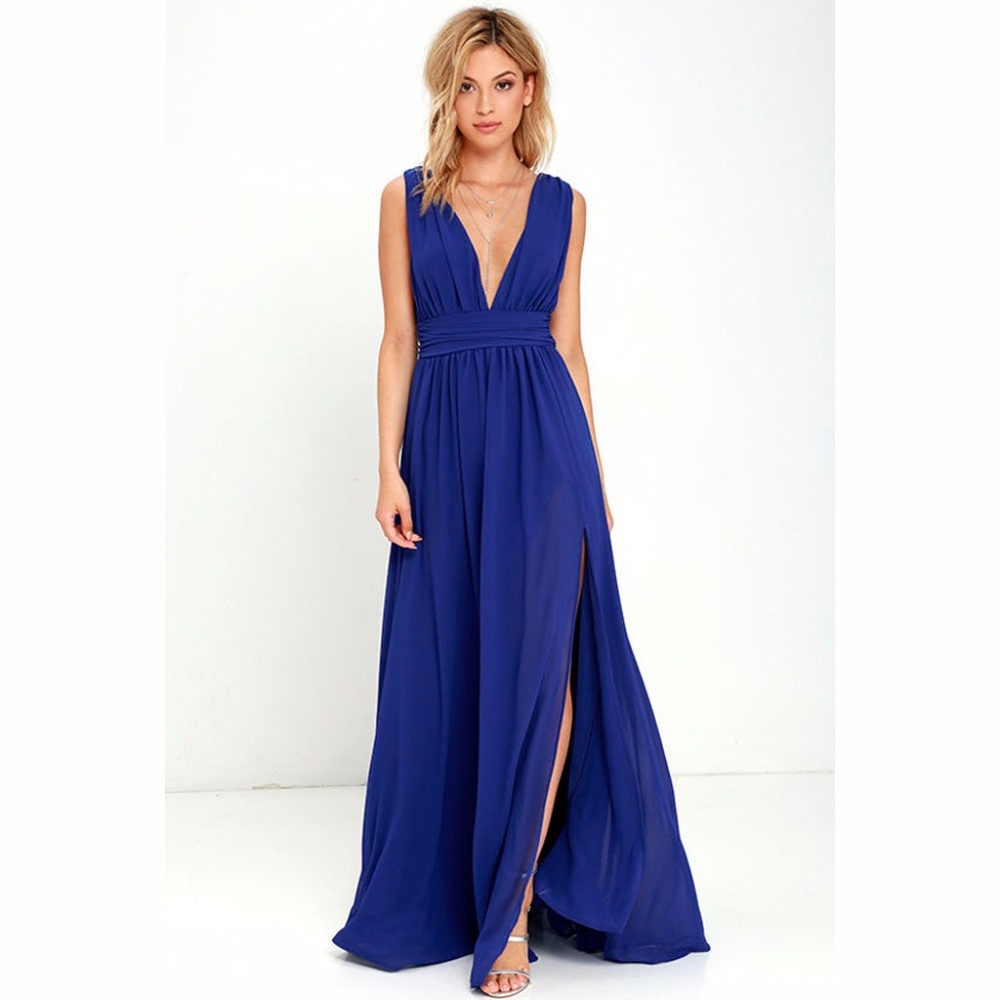 Empire Long Solid Cobalt Blue V Neck Maxi Dress